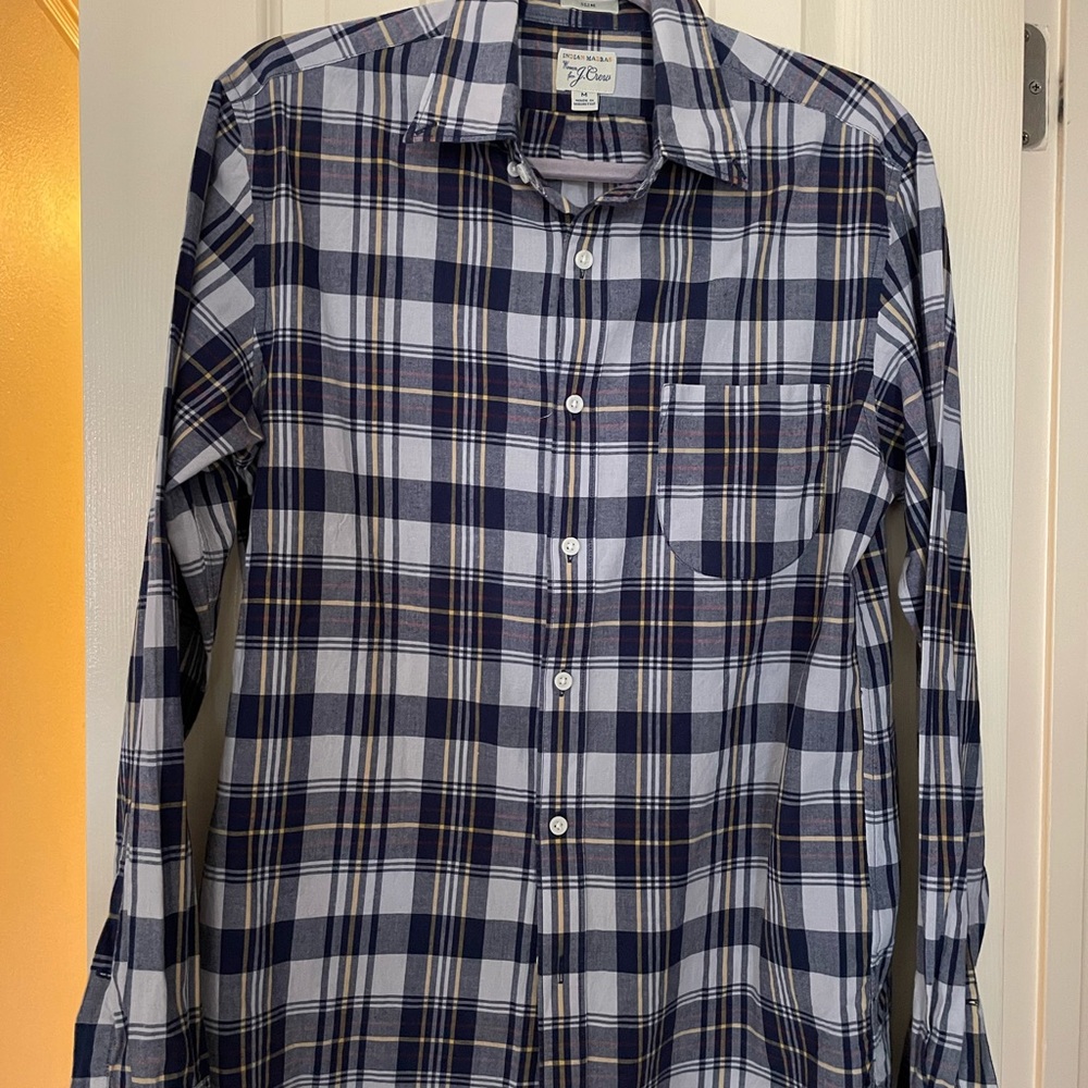J. Crew Navy and Yellow Plaid Button Down Shirt